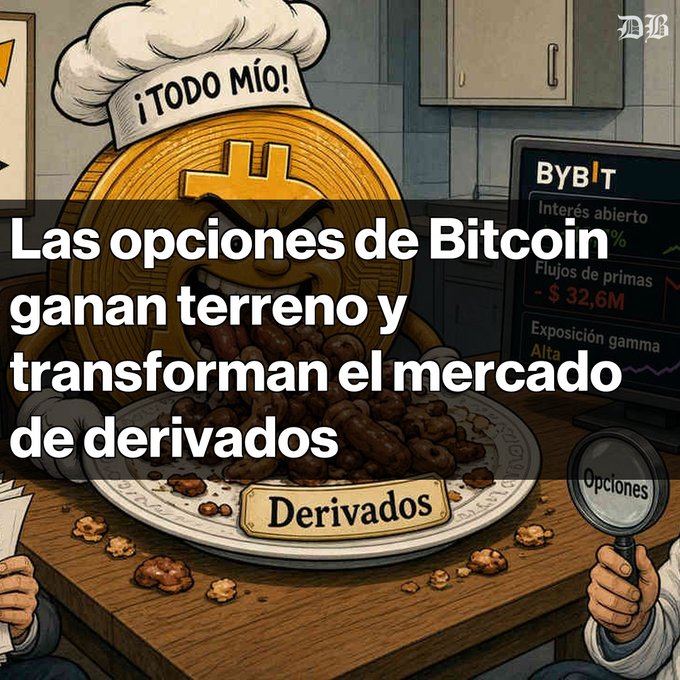 A Spanish-language graphic reading 'Las opciones de Bitcoin ganan terreno y transforman el mercado de derivados' featuring an anthropomorphic Bitcoin coin dressed as a chef labeled 'Derivados' serving food with Bybit trading data displayed.