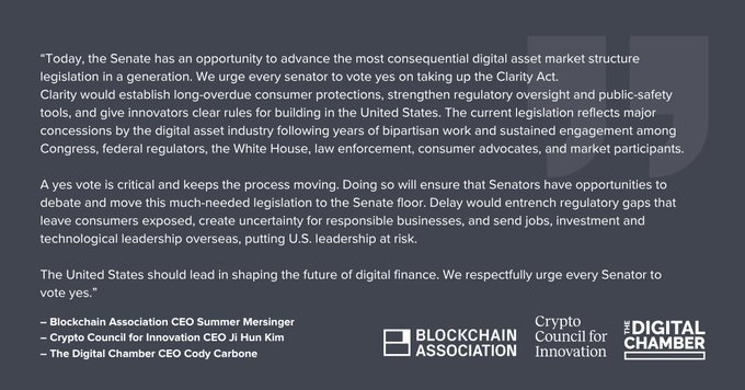 A statement from crypto industry associations including Blockchain Association CEO Summer Mersinger, Crypto Council for Innovation CEO Ji Hun Kim, and The Digital Chamber CEO Cody Carbone, urging Senators to vote yes on the Clarity Act for digital asset market structure legislation.