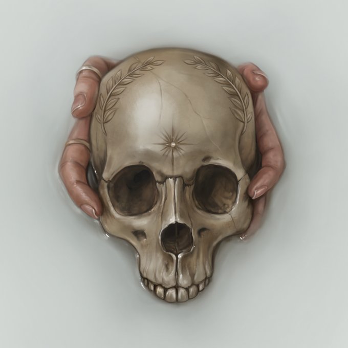 An artistic rendering of two hands gently holding a weathered human skull decorated with a carved laurel wreath and a star symbol on the forehead.