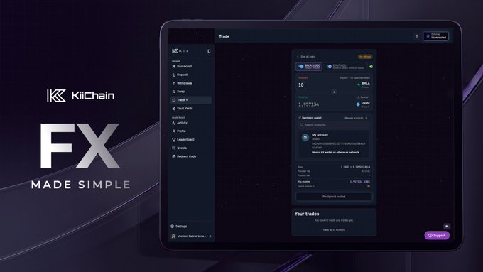 The image is a promotional graphic for KiiChain featuring the tagline "FX MADE SIMPLE" alongside a dark-themed trading interface screenshot displaying a currency exchange widget, where users can swap 10 BRLA for approximately 1.957134 USDC on a "Ripple USD" order book, visually reinforcing the post's point that KiiChain provides AI agents with a wallet capable of seamlessly handling forex between dollars and local currencies like Brazilian Real (BRLA).