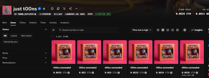 A NFT marketplace page showing a collection called 'justt00ns' with multiple 't00ns unrevealed' items listed at around 0.0525 ETH each.