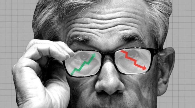 A black-and-white photo shows an older man lowering his glasses, revealing a green upward arrow in one lens and a red downward arrow in the other, symbolizing the market's mixed sentiment—relating to a "gm" (good morning) post by suggesting traders greet the day facing uncertainty about market direction.