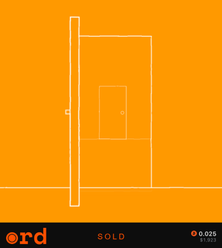 The image displays a minimalist white-line drawing on an orange background depicting a door, labeled "SOLD" with inscription numbers "0.025" and "31.923," matching the post about sub-1k ordinal inscriptions #645 and #856 being sold via collection offer on ord.net.