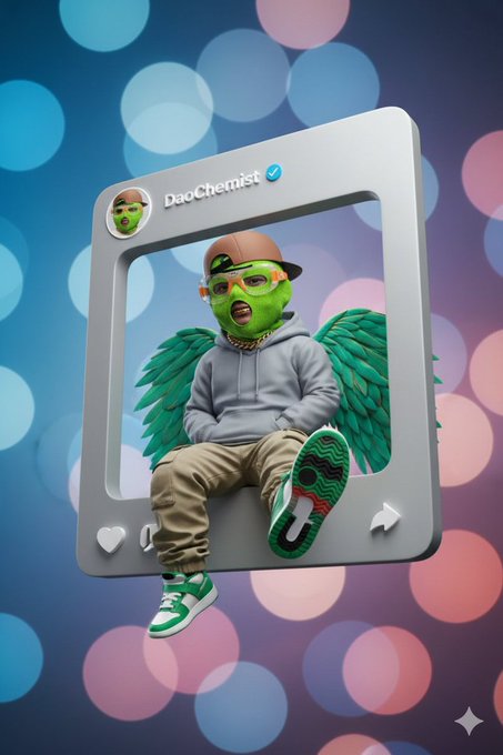 A 3D-style digital render of a character called 'DaoChemist' with a Twitter verification, depicted as a baby with green skin, angel wings, and sneakers, sitting on a social media frame.