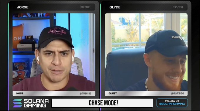 A split-screen interview from Solana Gaming titled 'CHASE MODE!' featuring host JORGE (@TREK33) on the left and guest GLYDE (@GLYDEGG) on the right.