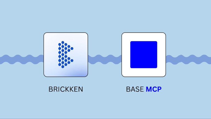 The image displays the "BRICKKEN" logo (a stylized "B" made of blue dots) and a blue square logo labeled "BASE MCP," connected by a flowing blue ribbon against a light blue background. The visuals illustrate the post's announcement that Brickken is among the first projects integrated with Base MCP, representing the partnership between the two platforms for on-chain AI workflows.