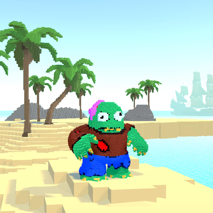 A 3D voxel-style green creature with a pink mohawk, wearing a brown vest with a red heart and blue pants, standing on a sandy beach with palm trees and a pirate ship visible in the distance.