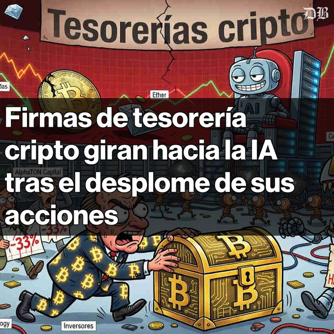 Spanish-language crypto news graphic titled 'Firmas de tesorería cripto giran hacia la IA tras el desplome de sus acciones,' showing a cartoon man with Bitcoin-patterned suit next to a Bitcoin treasure chest and an AI robot.