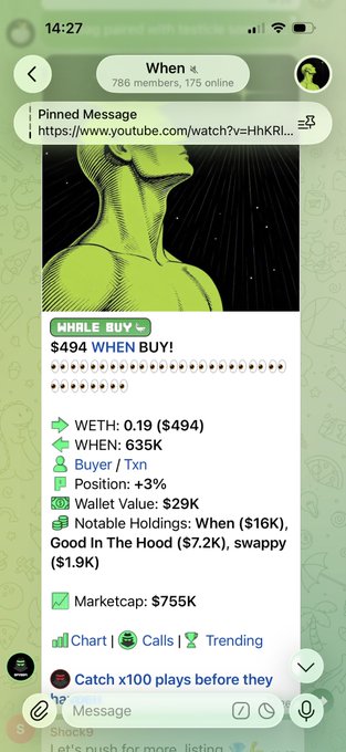 A mobile Telegram chat interface for a crypto group called 'When' showing a pinned message with a 'WHIRL BUY' signal for the $WHEN token at $494, listing price, market cap, and wallet holdings.
