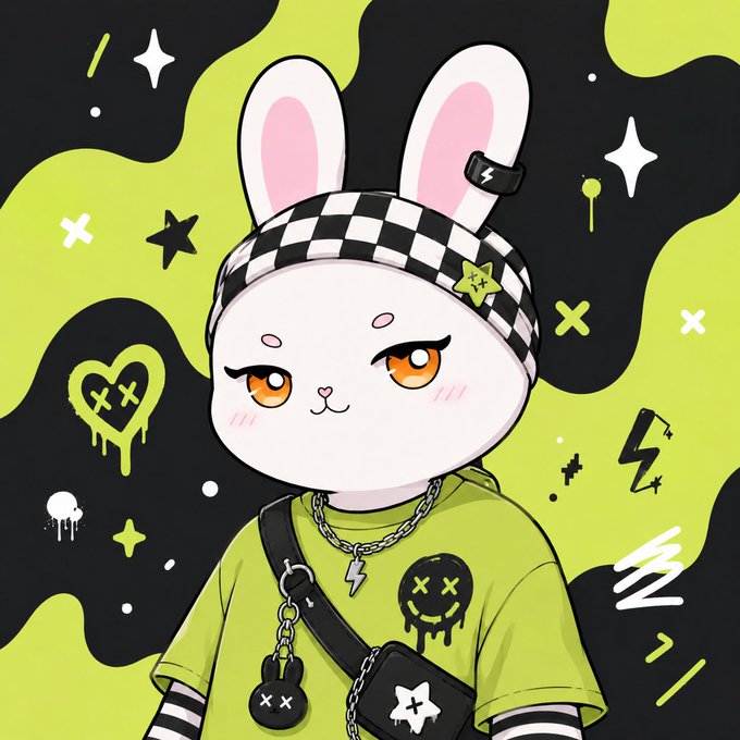 The image features a cartoon rabbit wearing a green shirt, black pants, and a checkered headband with a lightning bolt design. The rabbit has a chain around its neck and a backpack on their back. The background of the image is black and white, with various symbols and designs scattered throughout. In the bottom right corner of the image, there's a post that reads: "Would you mint this bunny? First 50 wallets Must Follow @BunzyETH". This message seems to be related to the rabbit in the image, possibly suggesting that the rabbit is a collector or has an interesting story behind their appearance and accessories.