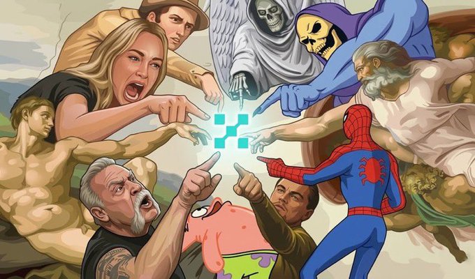 A meme-style illustration parodying Michelangelo's "Creation of Adam," featuring various figures including Spider-Man, SpongeBob, and the Grim Reaver pointing fingers at a Bitcoin logo in the center.