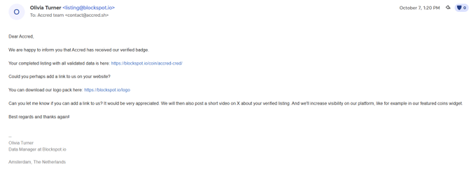 An email from Olivia Turner at Blockspot.io addressed to Accred, informing them that their badge has been received and including links to their completed listing and logo pack.