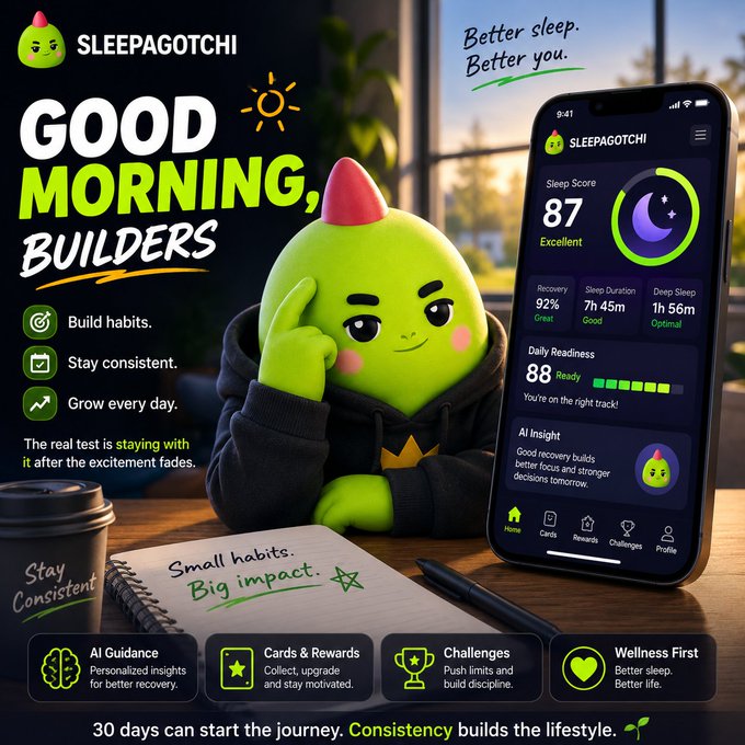 A promotional advertisement for 'SLEEPAGOTCHI' app featuring a green pear-shaped mascot in a hoodie, with text 'GOOD MORNING, BUILDERS' and slogans like 'Better sleep. Better you.' and '30 days can start the journey. Consistency builds the lifestyle.', showing app features including Sleep Score of 87, Recovery at 92%, and AI Guidance.