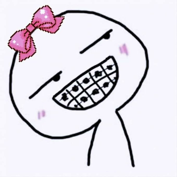 A cartoon drawing of a round-headed figure with a pink pixelated bow, gritted teeth showing braces, narrowed eyes, and pink blush marks on its cheeks.