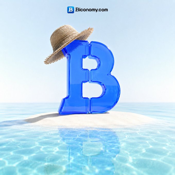 A blue translucent "B" wearing a straw sun hat stands on a small sandy island surrounded by turquoise water, with the "Biconomy.com" logo displayed at the top. The beach setting visually reinforces the caption's message about staying in the market even during summer, suggesting traders shouldn't take a vacation from crypto trading.