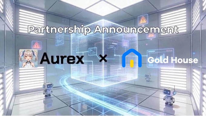 A digital announcement graphic for a partnership between 'Aurex' (with an anime girl avatar) and 'Gold House' (with a house logo), set against a futuristic sci-fi background with robots.