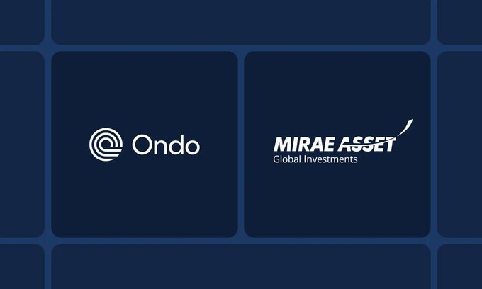 The image features a logo for an investment company called Ondo Finance, which is located in South Africa. The company's logo includes a circle with a line through it. Below this logo, there are two squares of different colors - one blue and one white. These squares contain the text "Ondo Finance" and "Global X ETFs", respectively. In addition to these elements, there is also a small image of an egg in the bottom right corner of the image. The post includes information about Ondo Finance's partnership with Mirae Asset, which manages Global X ETFs.