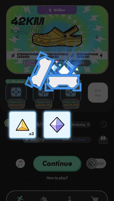 A STEPN app screenshot showing a "Walker" sneaker with "42KM" and "STEPNATHON LEGEND" text, along with a countdown timer at "01h 37min" and loot box options. The image features drawn blue highlights emphasizing the sneaker icon and reward gems (a yellow triangle "x3" and purple diamond), visually matching the post about opening a Mystery Box (MB) at Level 5.
