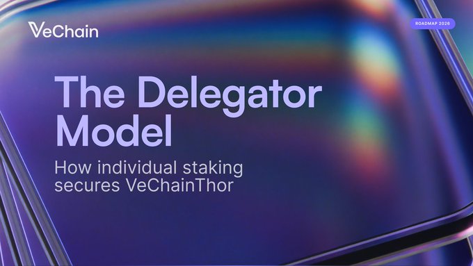 The image shows a close-up of a purple square with white text that reads "The Delegator Model". The background of the image is dark, making the purple square stand out prominently. Below the square, there are two lines of text in a darker shade of purple, which read "How individual stake incentivizes VeChainThor to secure protocol rewards through active stake."