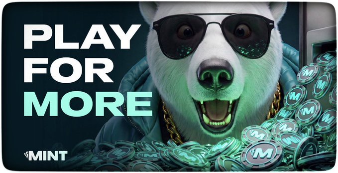 An advertisement featuring a white bear wearing sunglasses surrounded by a pile of coins, with the text 'PLAY FOR MORE' and the 'MINT' logo.