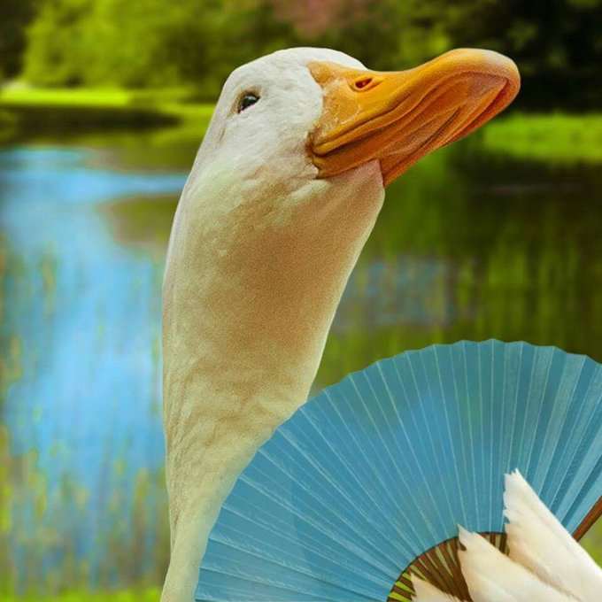 The image features a duck holding an open blue fan, with its head tilted upwards as if posing for a photo. The background of the image shows a body of water surrounded by trees, creating a serene atmosphere. The caption of the image reads "Happy thirsty Thursday Thirsty for Quacks? @wallchain is not slowing down. The LB is heating up. The community is growing. Projects keep coming in & choosing real creators over paid promotions. X Score. Quacks."