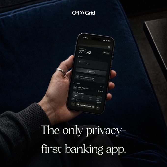 The image shows an advertisement for "Off >> Grid," a privacy-focused banking app, with a hand holding a phone displaying a balance of $325.42 against a dark velvet background. The bold tagline reads, "The only privacy-first banking app."

This visual perfectly matches the post's ironic apology—a bank so privacy-focused it "doesn't know who you are," playing on the idea that no customer data means no personalization, framed humorously as a feature rather than a bug.