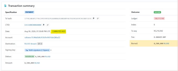 The image shows a transaction summary confirming a successful XRPL payment where 8,500,000 RLUSD was burned directly to the RLUSD issuer address, with the transaction successfully completed at a fee of 0.000495 XRP, visually validating the post's claim about Ripple burning millions in RLUSD to manage supply.