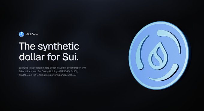 The image features an illustration of a blue coin with a flame design on it, which is the main focus of the image. The background of the image is black, making the coin stand out prominently. Below the coin, there's text that reads "The synthetic dollar for SuiNetwork has a new home. eSui Dollar (suiUSDe), issued in collaboration with Ethena and Sui Group Holdings (nasdaq: SUIG) and integrated throughout Sui DeFi". The image also includes a link to the post, which is titled "esuidollar.io" and provides more information about the coin's purpose and its integration into the Sui Network.