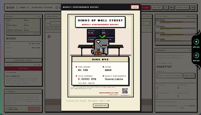 A pixel-art styled 'Weekly Performance Report' titled 'DINOS OF WALL STREET' shows a dinosaur pixel character with details like 'DINO $70', 'TIME LOCKED 8D 08H', 'STOCK AMZN', and 'WEEKLY PERFORMANCE Unavailable'.