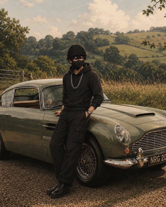 A young man wearing a black beanie, sunglasses, mask, hoodie, and chain stands leaning against a vintage green Aston Martin car parked on a country road with rolling hills behind him.