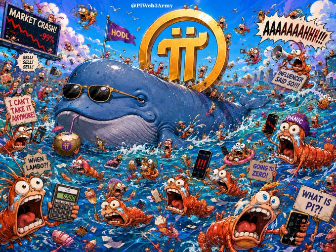 A chaotic satirical illustration depicting panicked fish-like creatures reacting to a 'MARKET CRASH!', with a whale wearing sunglasses, Pi coin logos, and signs like 'WHAT IS PI?!' and 'GOING TO ZERO!'.