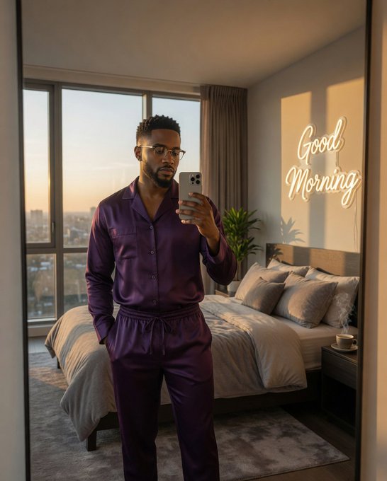 A man in purple silk pajamas takes a mirror selfie in a modern bedroom with a 'Good Morning' neon sign and a city view at sunrise.