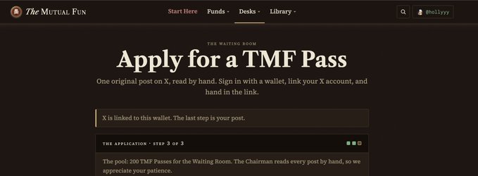 A webpage for 'The Mutual Fun' titled 'Apply for a TMF Pass' showing step 3 of 3 of the application, with instructions to write an original post on X for consideration.