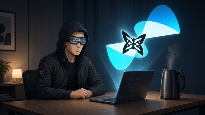 A hooded figure wearing 'Quip Network' branded VR glasses works on a laptop at a desk, accompanied by a glowing blue butterfly logo and a steaming kettle.