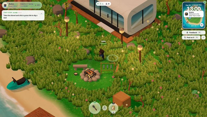 A screenshot from a life simulation video game showing a character named Robin (Hated Lvl) near a campfire and grass tile, with UI elements including "FIRST STEPS" tutorial instructions ("Take the shovel and click a grass tile to dig a bed"), a clock showing "13:00" "Day 84", and action buttons for Feedback and Post on X.