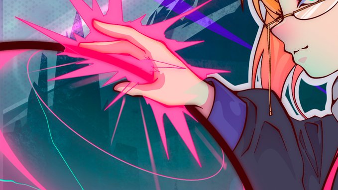 An anime-style illustration depicts a character with orange hair and glasses using magic, with bright pink energy radiating from their hand.