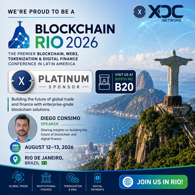 A promotional graphic for "BLOCKCHAIN RIO 2026" lists XDC Network as a Platinum Sponsor (Booth No. B20), featuring speaker Diego Consimo, with event details set for August 12-13, 2026 in Rio de Janeiro, Brazil.