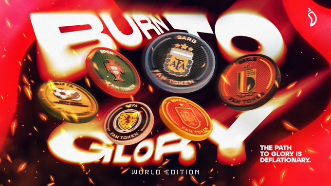 The image features a poster for a video game called "Burn To Glory", which is about a team competing against other teams in various fantasy games. The poster showcases different fantasy tokens, including a sword, shield, and a book, as well as a banner with the text "burn to glory" written on it. The background of the poster is red, creating a striking contrast that makes the game's title stand out.