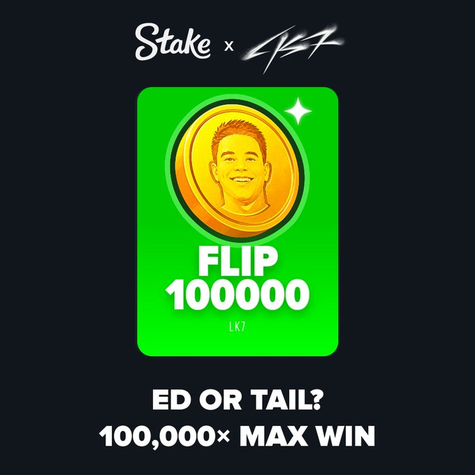 A promotional graphic for Stake features a "FLIP 100000" coin-flip game, showing a yellow coin with a smiling face on a green background, with the text "ED OR TAIL? 100,000× MAX WIN." The "Stake × [signature]" branding at the top confirms the collaboration advertised in the post.