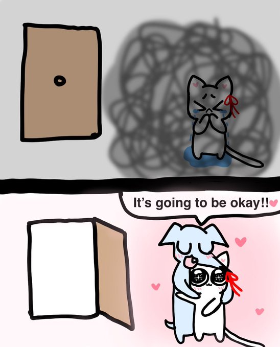 A two-panel comic with a cat praying beside a tangled scribble, then embracing another cat with the caption 'It's going to be okay!!' and heart decorations.