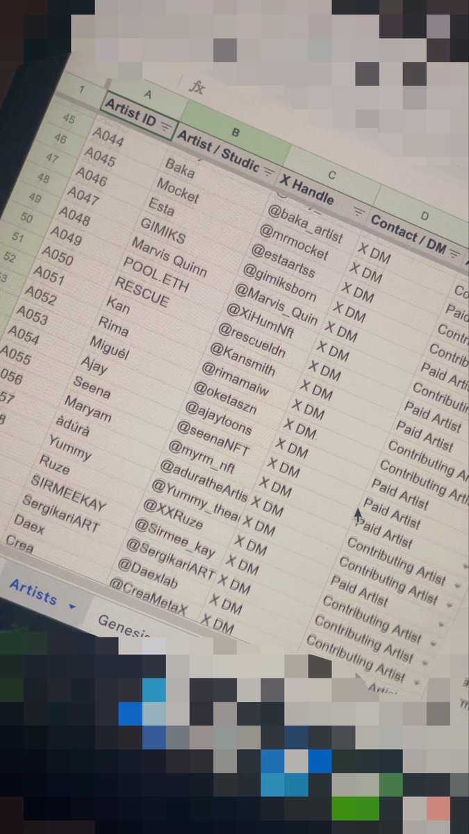 A close-up of a computer screen displaying a spreadsheet titled 'Artists' with columns for 'Artist ID', 'Artist / Studio', 'X Handle', and 'Contact / DM', listing various NFT creators.