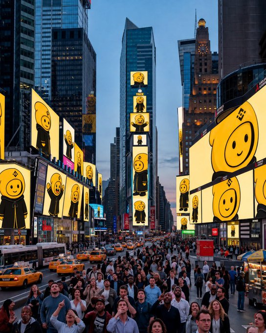 A bustling city street, likely Times Square, is crowded with pedestrians and yellow taxis as towering digital billboards dominate the skyline with oversized yellow smiley face logos at dusk. The vibrant scene captures urban energy with skyscrapers framing the densely packed thoroughfare below.