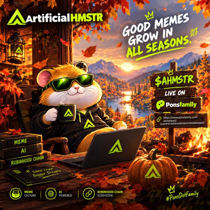 Promotional graphic featuring a hamster mascot wearing sunglasses and using a laptop with the text 'ArtificialHMSTR', 'GOOD MEMES GROW IN ALL SEASONS', and '$AHMSTR LIVE ON Ponsfamily'.