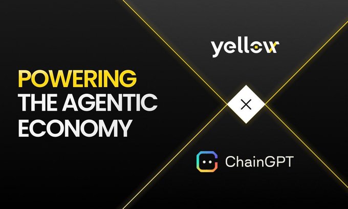 A promotional graphic with a black background and yellow diagonal lines features the bold text "POWERING THE AGENTIC ECONOMY" alongside the logos of "yellow" and "ChainGPT," visually representing the partnership where Yellow provides the settlement layer and ChainGPT provides the AI intelligence layer for autonomous crypto trading.