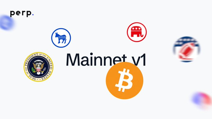 Image features logos for perp, the Democratic Party, the Republican Party, the U.S. Presidential seal, and Bitcoin with text reading 'Mainnet v1'.