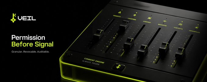 The image shows a sleek, black audio mixing console with glowing green/yellow sliders, faders, and labeled sections like "REMOTE," "LIMITATION," and "CONSENT ENGINE — ALWAYS YOURS," branded with the "VEIL" logo. It features the tagline "Permission Before Signal — Granular. Revocable. Auditable," symbolically representing the crypto project $VEIL's emphasis on user control and consent before transactions are processed, aligning with the post's anticipation of the token's launch on Robinhood on Monday.