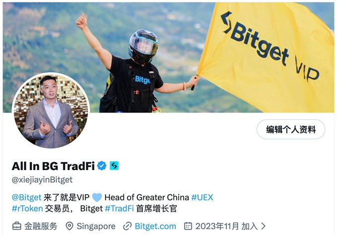 A social media profile for 'All In BG TradFi' (@xiejiayinBitget) identified as 'Head of Greater China #UEX #rToken' at Bitget, featuring a banner of a person in a helmet waving a yellow 'Bitget VIP' flag.