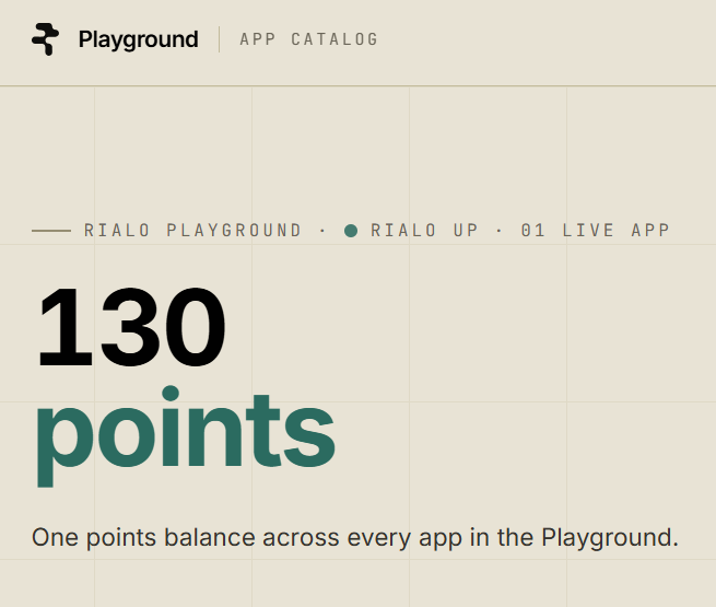 The image shows the Rialo Playground App Catalog page displaying "130 points" as a unified balance across all apps, with a subtitle reading "One points balance across every app in the Playground." This directly illustrates the user's claim of having received 130 Rialo Points through the Rialo Playground after connecting their accounts.