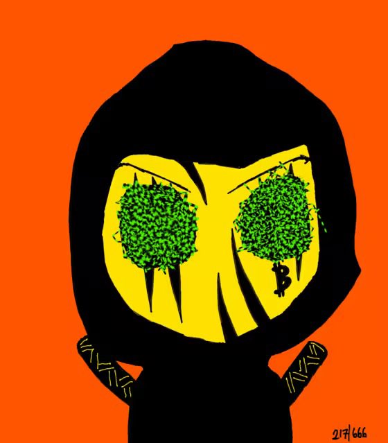 An artistic illustration of a hooded figure with an angry expression and green pixelated eyes, one shedding a dollar sign tear, set against an orange background.