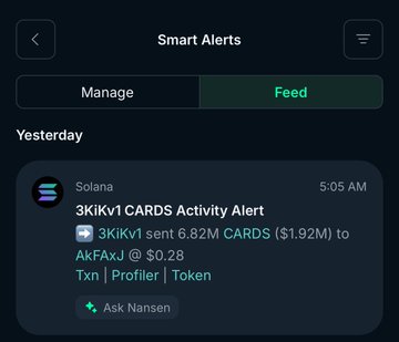 A "Smart Alerts" feed shows a Solana blockchain notification from 5:05 AM yesterday, reporting that the wallet "3KiKv1" sent 6.82M CARDS (~$1.92M) to address AkFAxU for just $0.28—highlighting a surprisingly large token transfer executed at an extremely low transaction cost.
